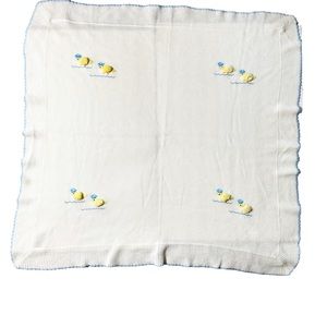 PRIDE & JOY White Soft Acrylic Knit Baby Blanket with Yellow Ducklings 37.5" SQ